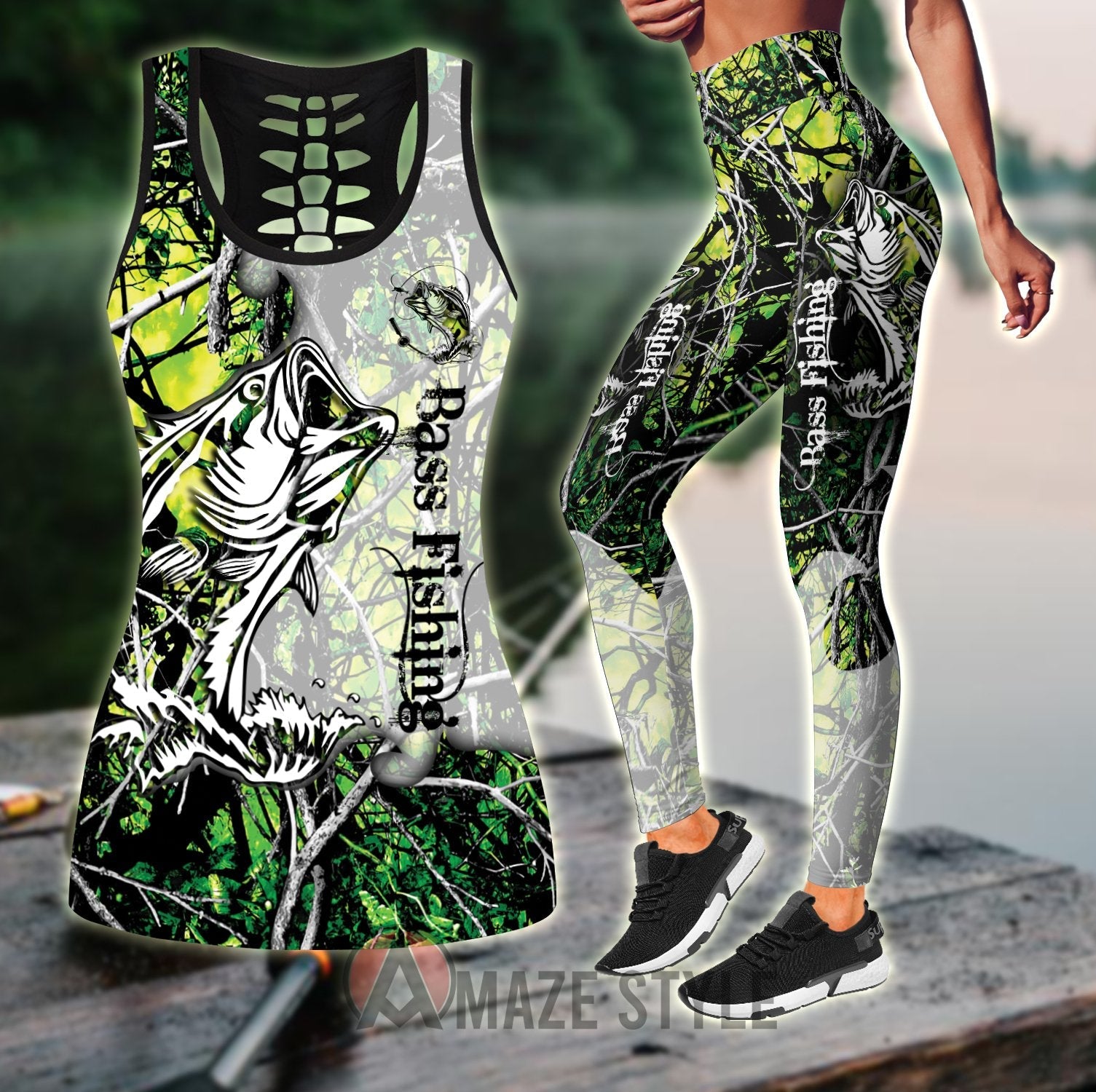 Bass Fishing - Green Camo Combo Legging + Tank fishing outfit for women TR250302