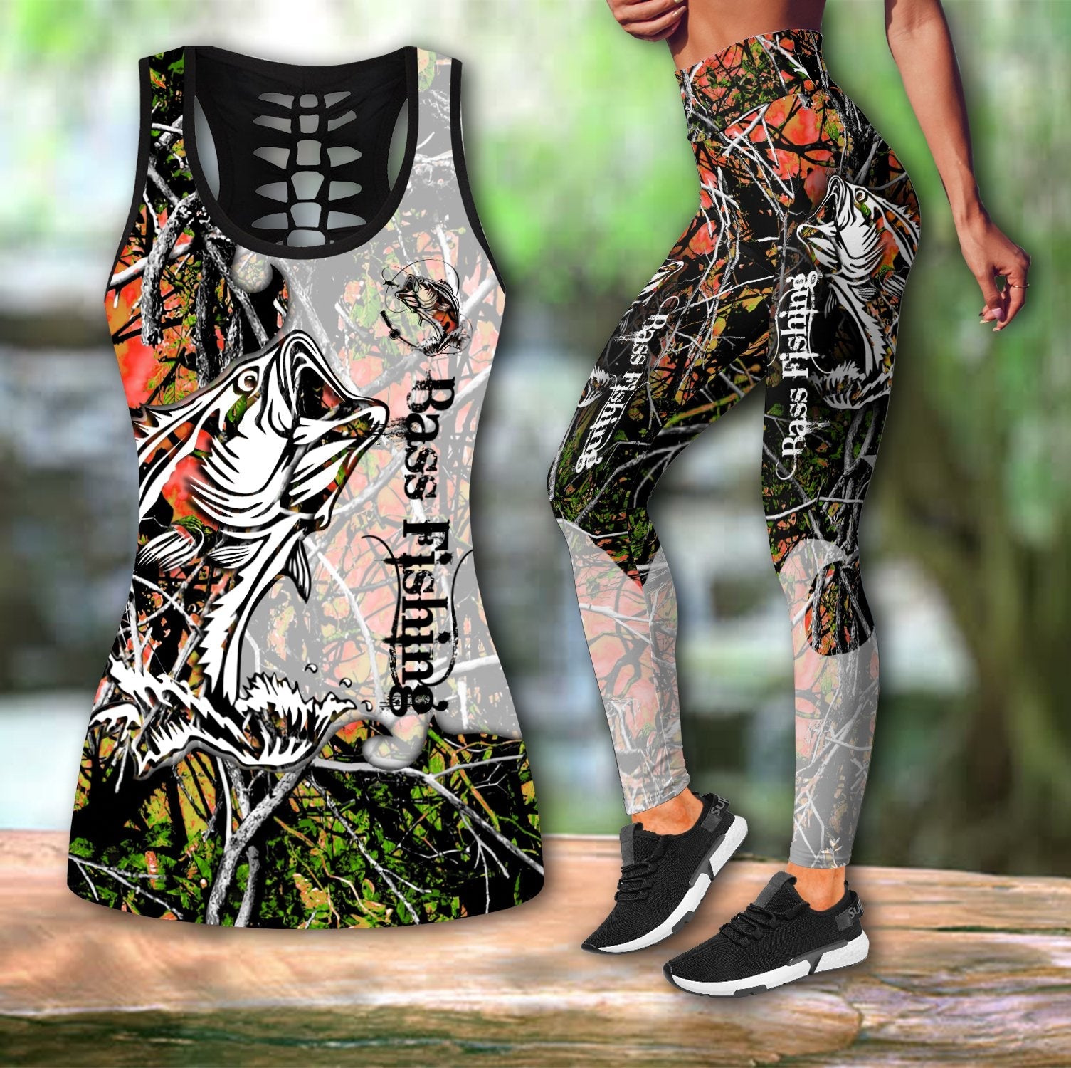 Bass Fishing - Orange Camo Combo Legging + Tank fishing outfit for women TR270301