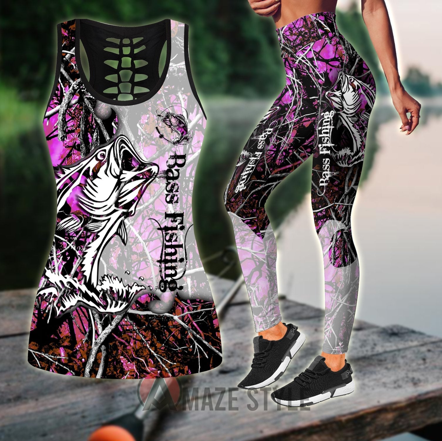 Bass Fishing - Country Girl Camo Combo Legging + Tank fishing outfit for women TR250303