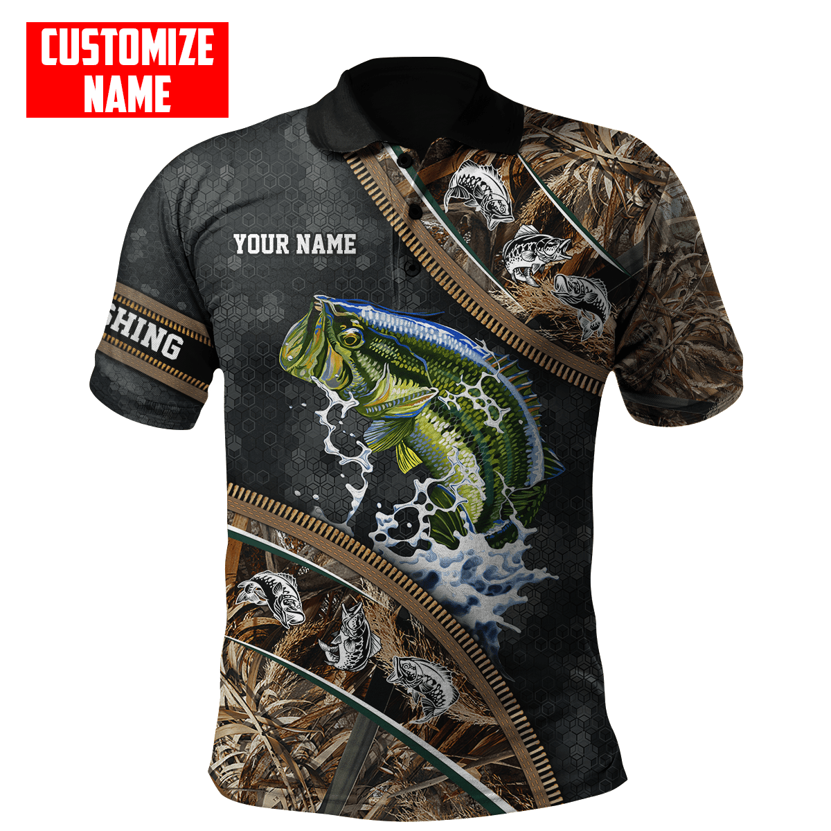 Bass fishing Zip pattern camo Custom name fishing shirts for men and women