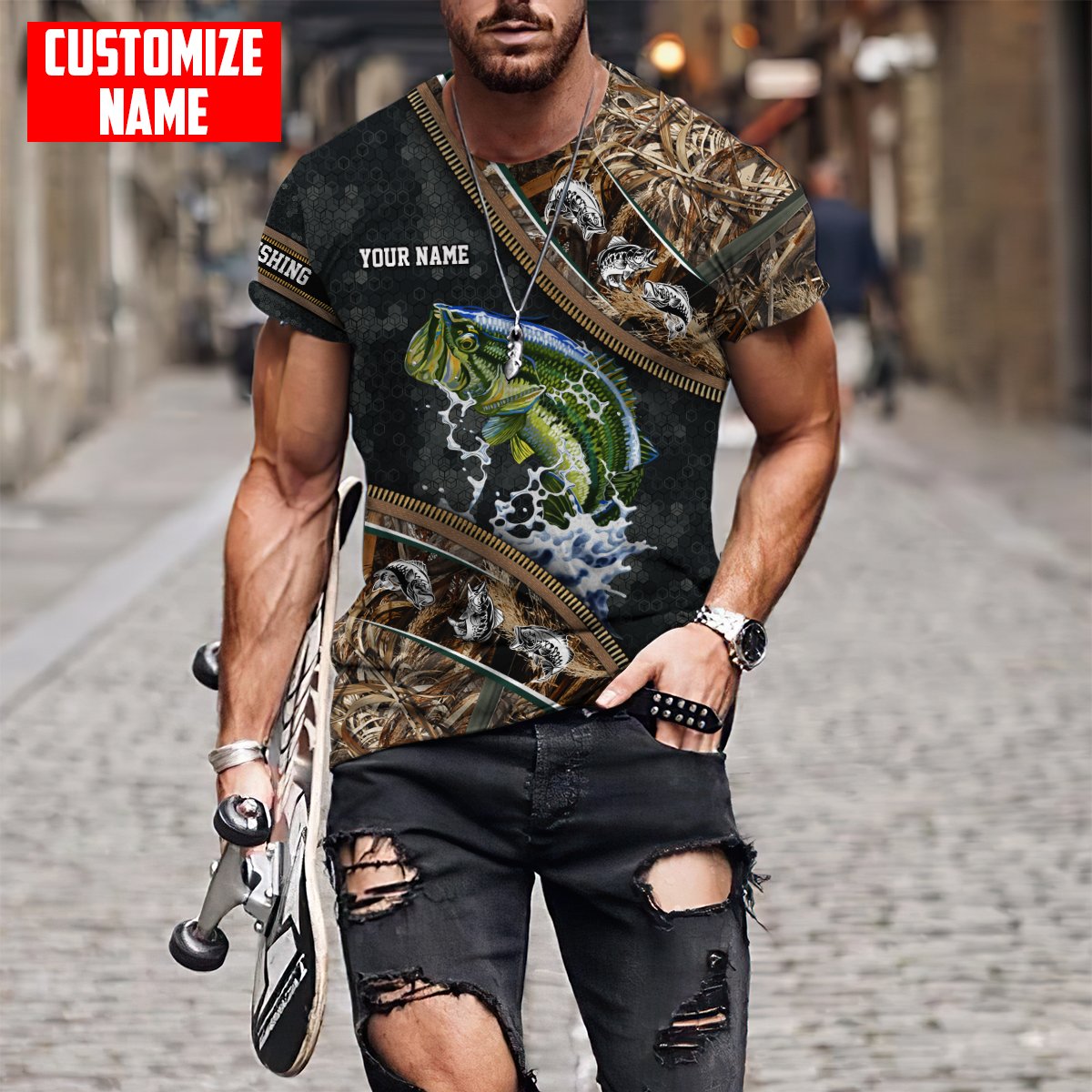 Bass fishing Zip pattern camo Custom name fishing shirts for men and women