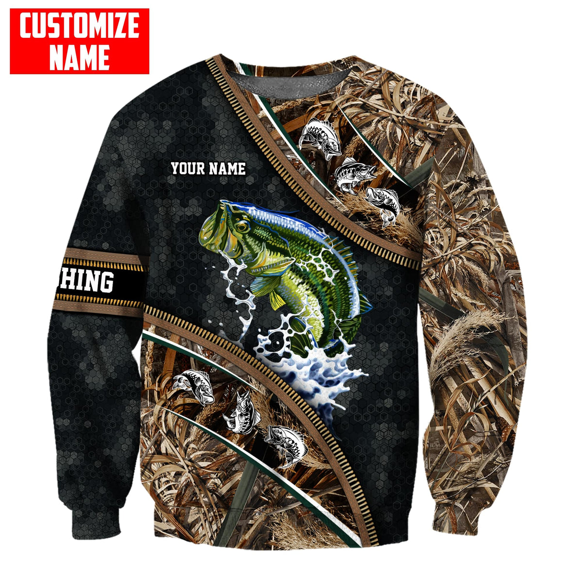 Bass fishing Zip pattern camo Custom name fishing shirts for men and women