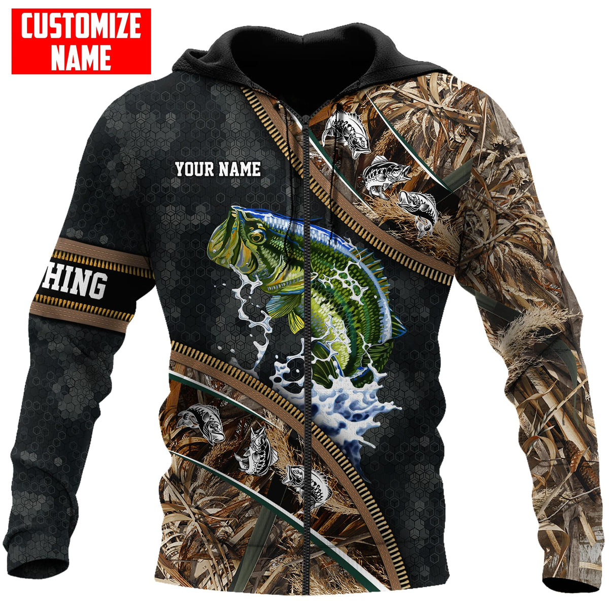 Bass fishing Zip pattern camo Custom name fishing shirts for men and women