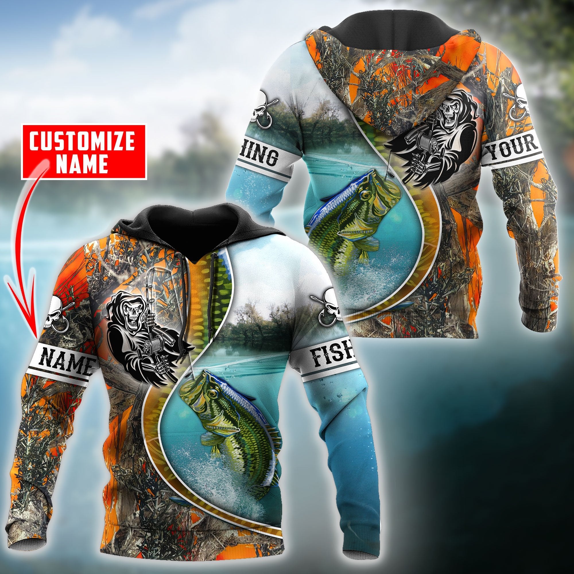 Bass Fishing Line Orange Camo Custom name fishing shirts for men and women