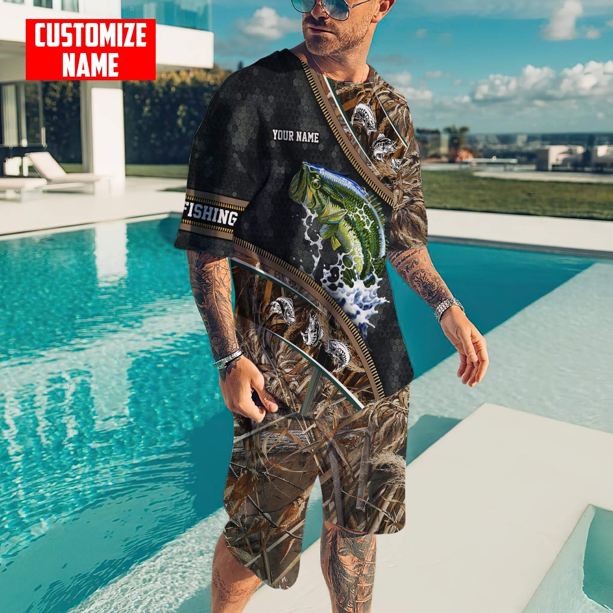 Bass fishing Zip pattern camo Custom name fishing combo for men