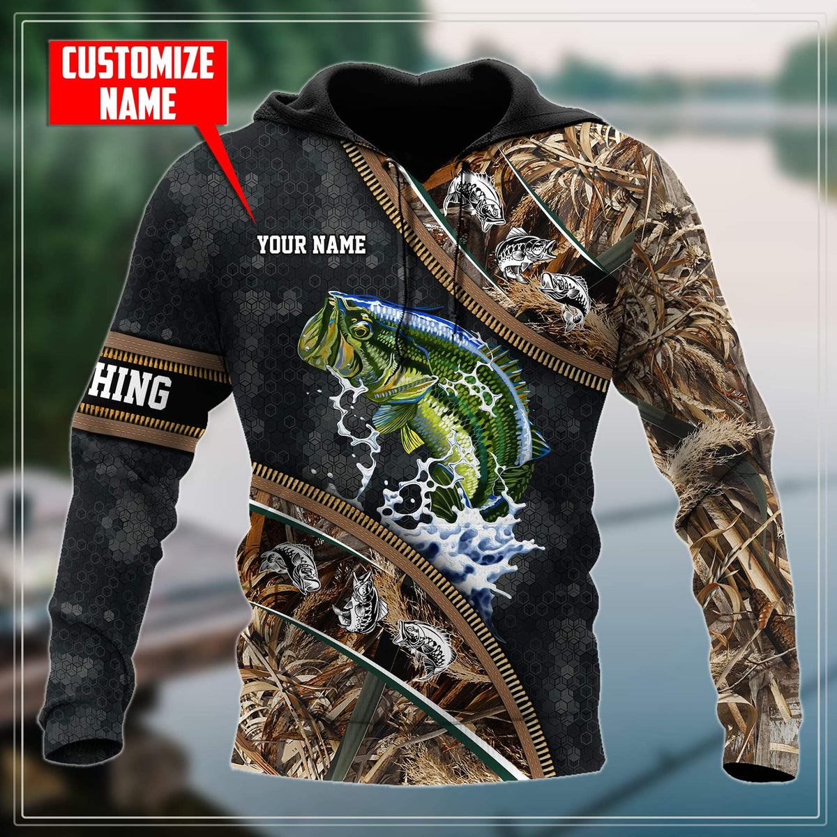 Bass fishing Zip pattern camo Custom name fishing shirts for men and women