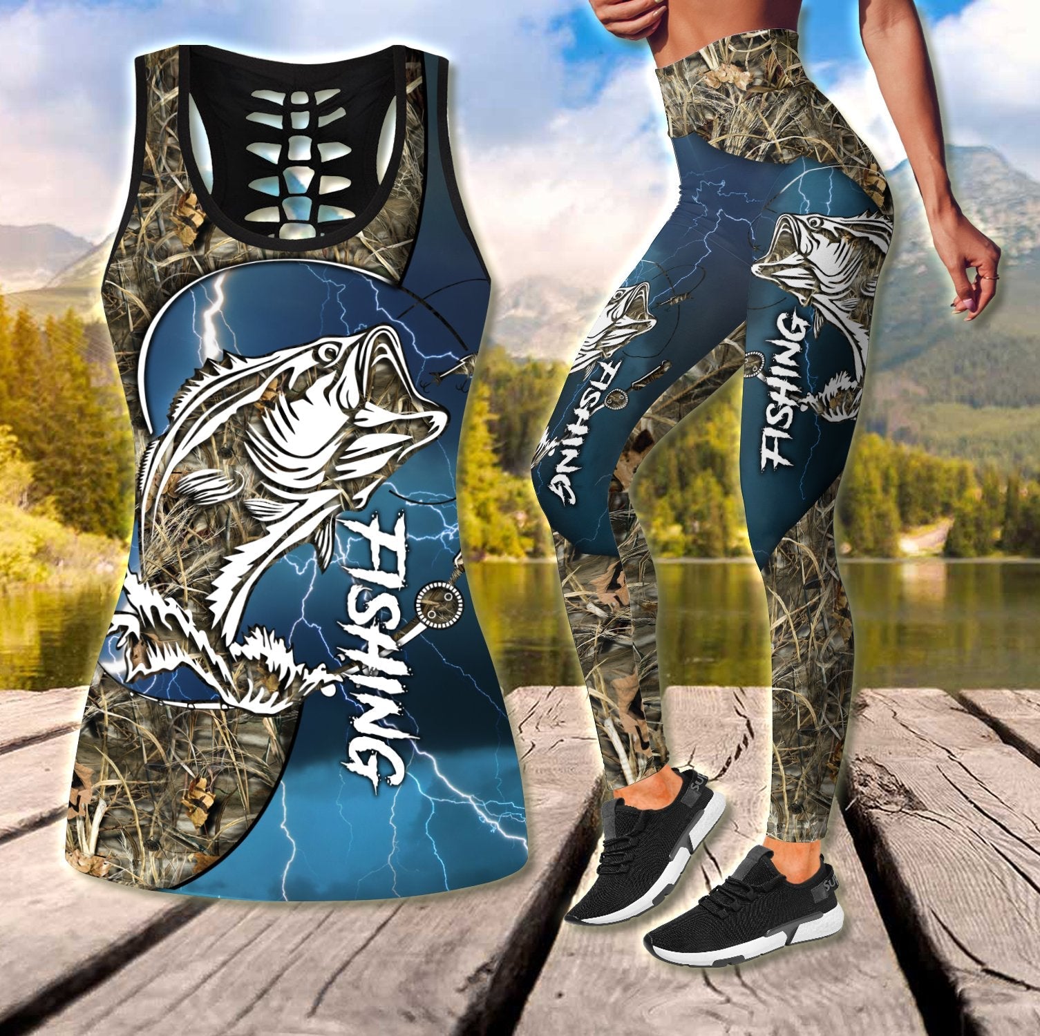 Bass Fishing - blue tattoos Camo Combo Legging + Tank TR230301