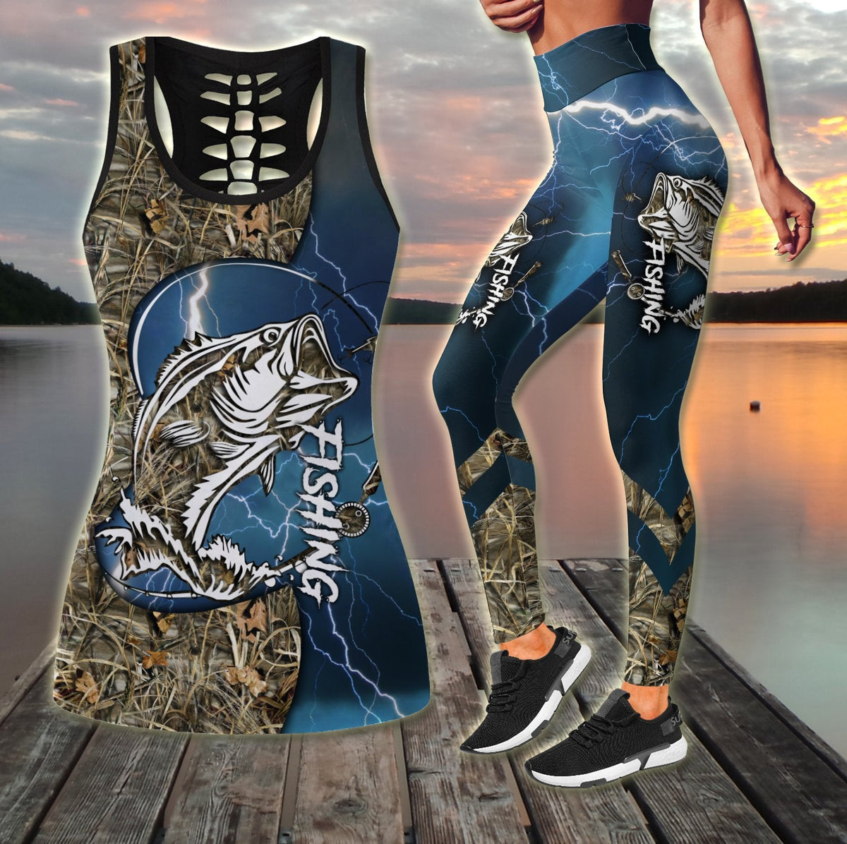 Bass Fishing - lines blue tattoos Camo Combo Legging + Tank TR300306