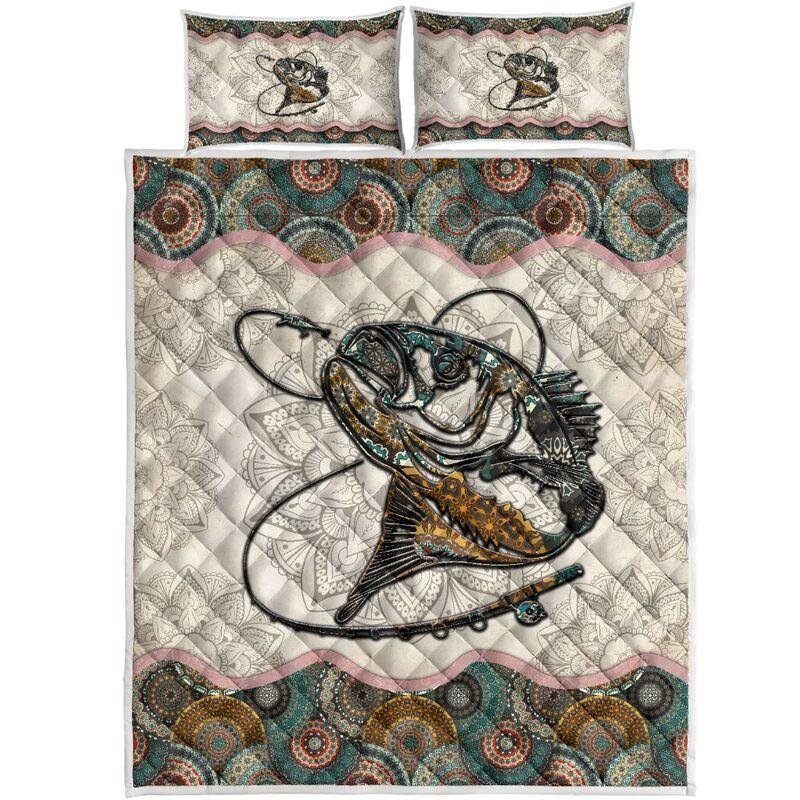 Fish on Fishing Mandala Vintage quilt bedding set
