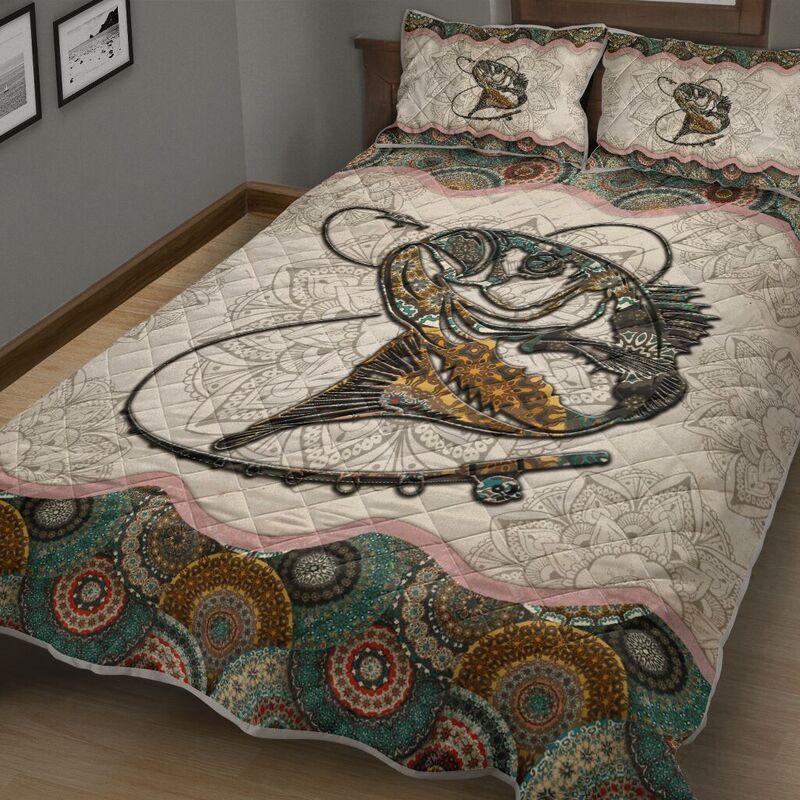 Fish on Fishing Mandala Vintage quilt bedding set