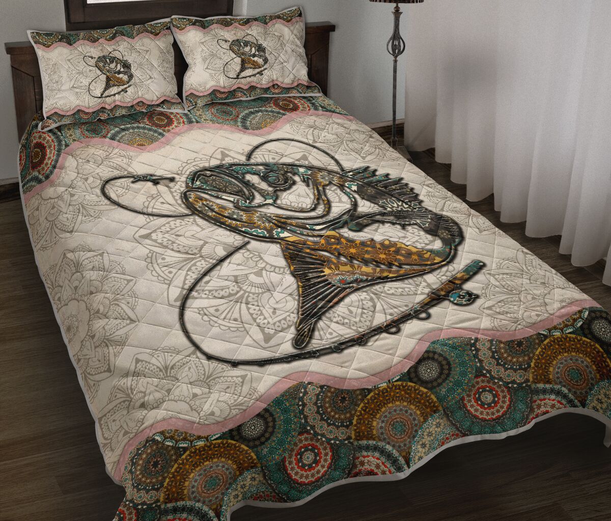 Fish on Fishing Mandala Vintage quilt bedding set
